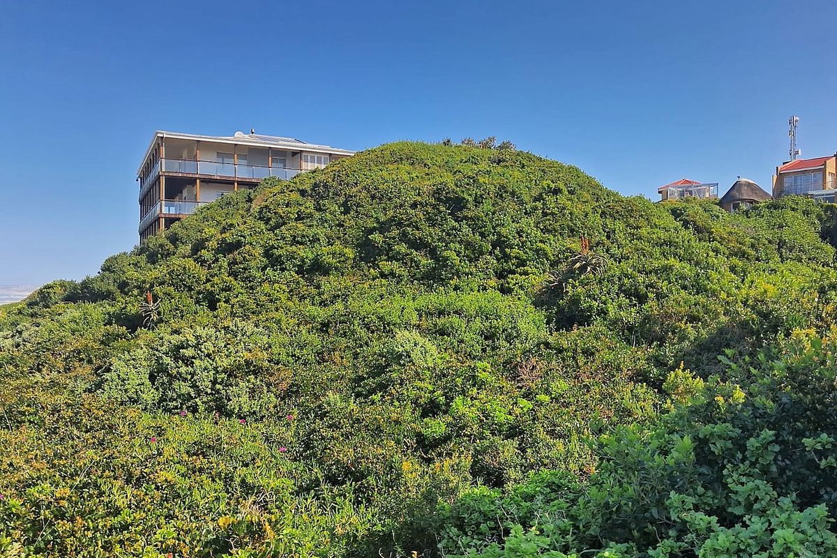A view of the sloped, vegetated terrain characteristic of the coastal residential plot.