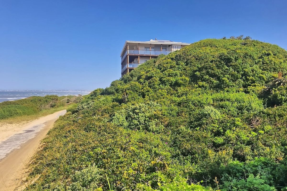 A scenic view of the coastal landscape featuring native vegetation, sand dunes, and a distant residential building overlooking the ocean.