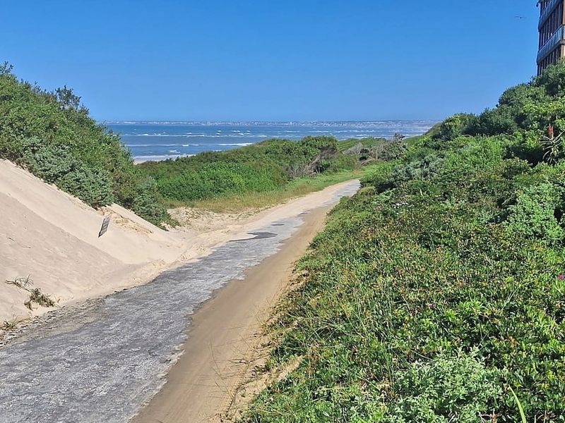 A scenic view of a coastal path leading towards the ocean, surrounded by natural sand dunes and coastal vegetation.