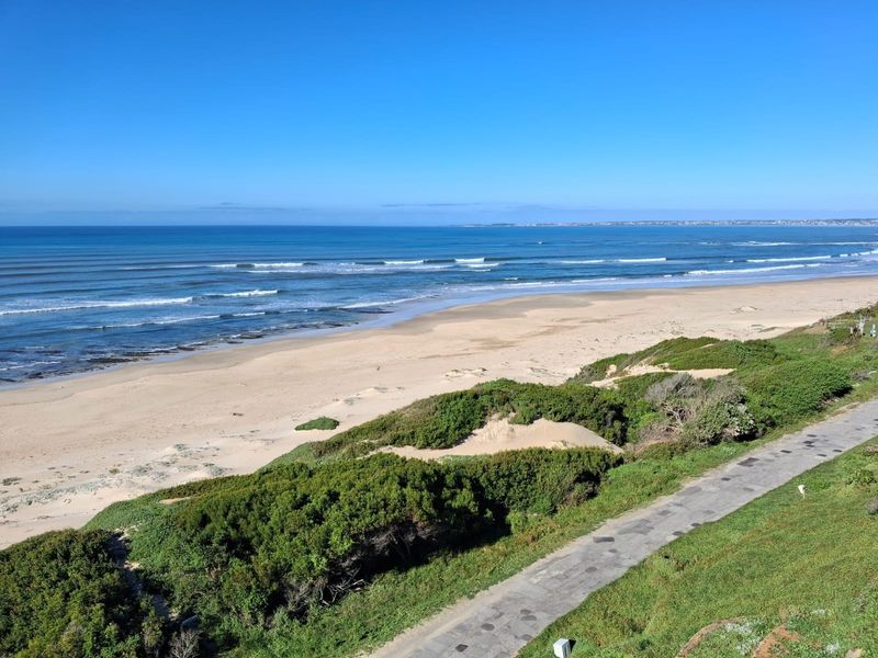 A scenic elevated view of the coastline, featuring sandy beaches, ocean waves, and natural dune vegetation.