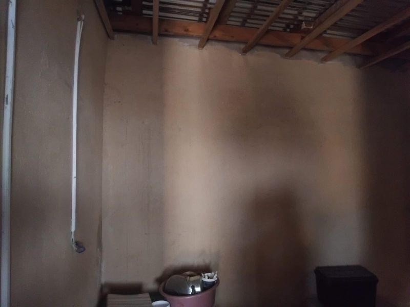 An unfinished interior space featuring exposed timber roof rafters, corrugated metal roofing, and surface-mounted electrical conduit on raw wall surfaces.