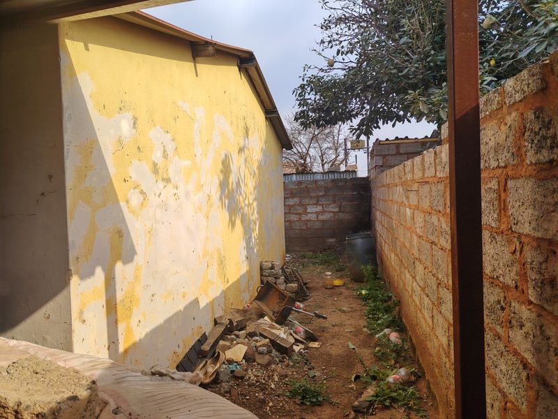 A narrow side yard area featuring a concrete block boundary wall and a building exterior with significant paint deterioration.