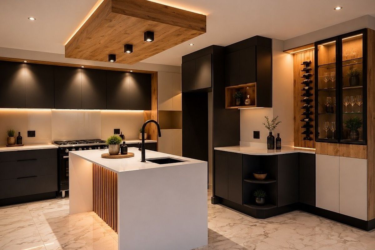 Modern luxury kitchen featuring a central island, sleek matte cabinetry, integrated wine storage, and sophisticated recessed lighting with a timber-accented ceiling feature.