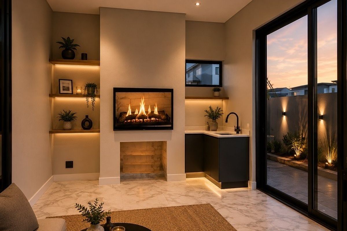 Modern living area featuring a built-in fireplace, integrated bar sink, floating shelves with accent lighting, and large sliding doors opening to a patio.