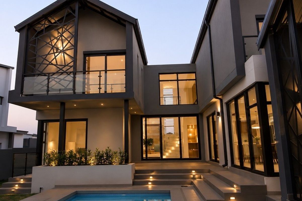 Modern rear elevation featuring a swimming pool, tiled patio, expansive glass sliding doors, and architectural metal detailing with integrated lighting.