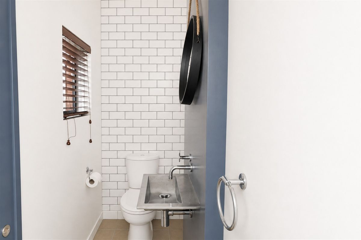 Modern guest bathroom featuring a sleek wall-mounted stainless steel basin, subway tile feature wall, and contemporary chrome fixtures.