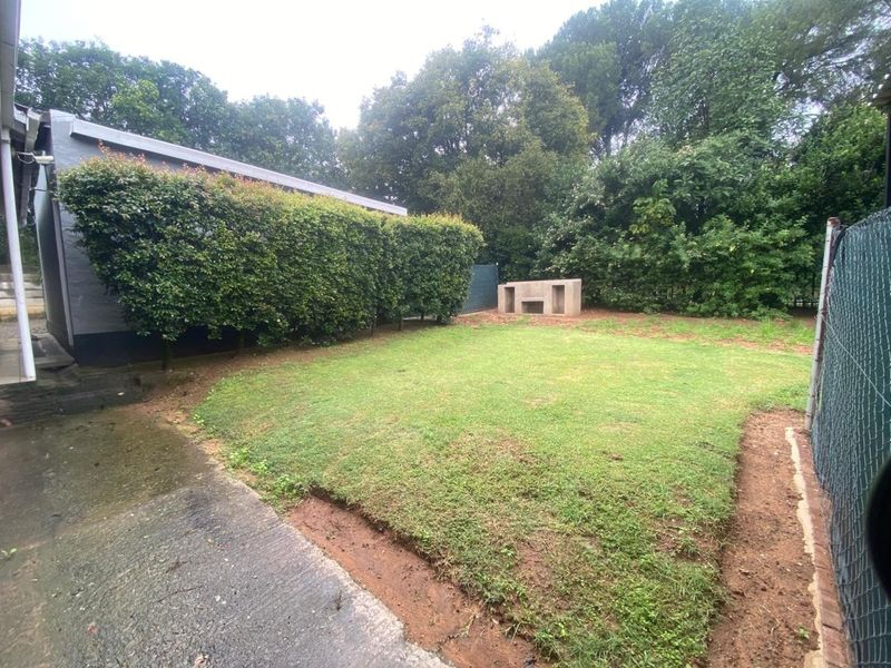 Rear garden area featuring a concrete patio, built-in braai, and established perimeter hedging with chain-link fencing.