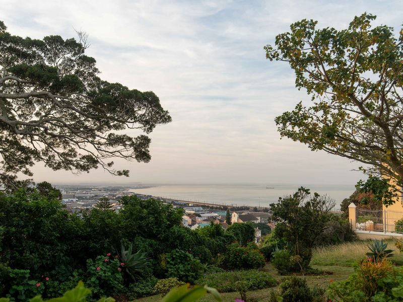 A scenic elevated view overlooking the coastal town, railway line, and ocean horizon, framed by mature trees and landscaped garden greenery.