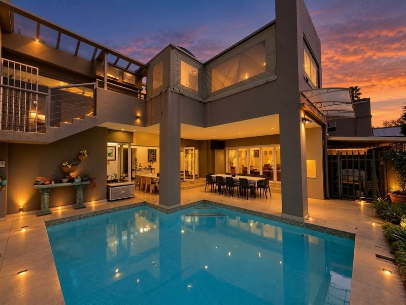 A beautifully illuminated rear patio and pool area featuring a covered entertainment space, modern staircase, and integrated lighting, perfect for evening relaxation.