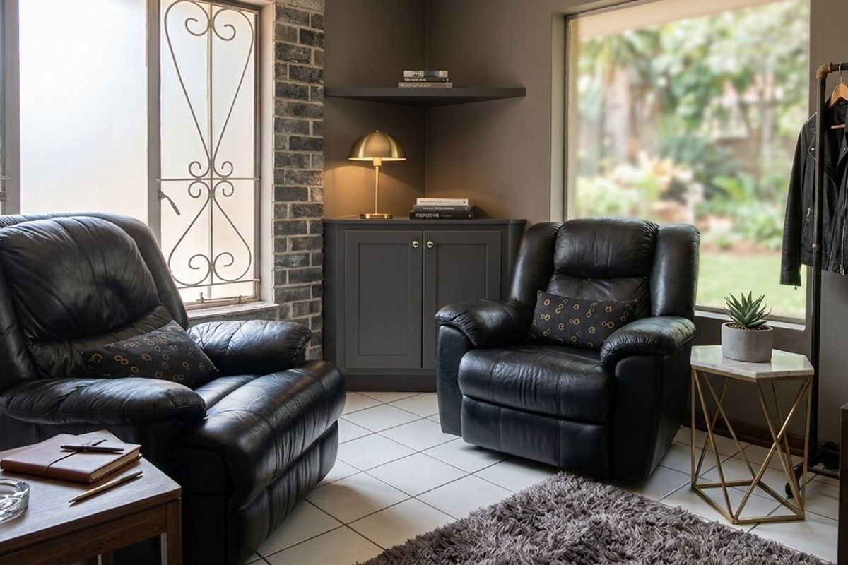 A cozy living area featuring exposed brick accents, built-in corner cabinetry, and large windows with security bars overlooking the garden.