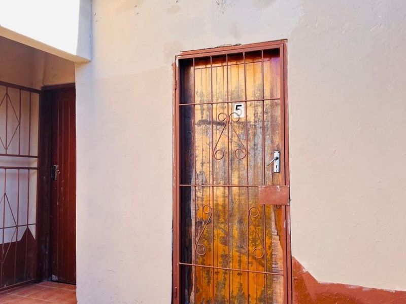 Exterior view of a rear entrance featuring a weathered wooden door with a rusted security gate and painted concrete steps.