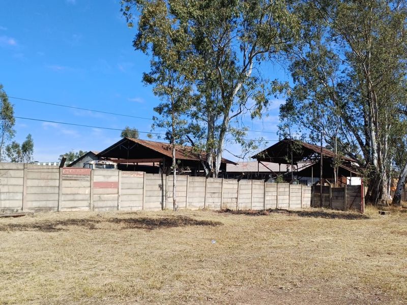 View of the rear yard featuring a precast concrete boundary wall and open-sided industrial sheds with weathered metal roofing structures.