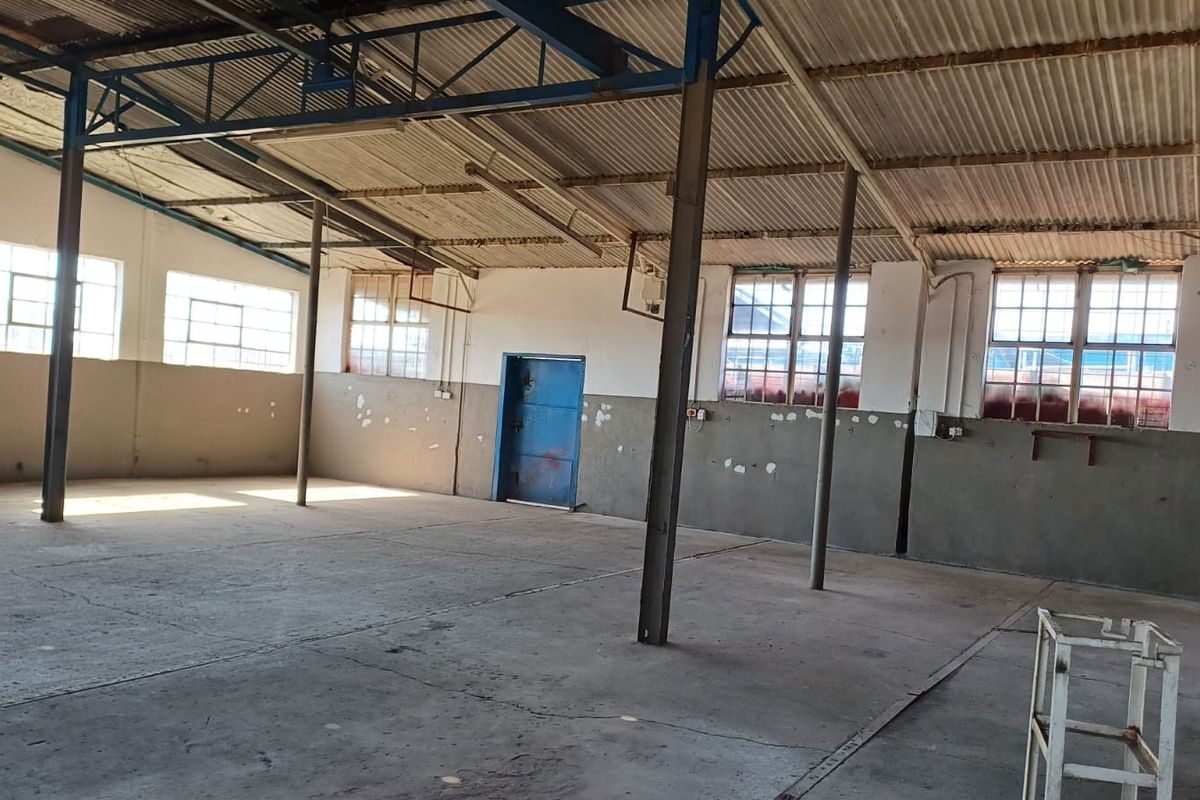 Spacious industrial warehouse unit featuring high ceilings with exposed steel trusses, concrete flooring, and ample natural light through steel-framed windows.
