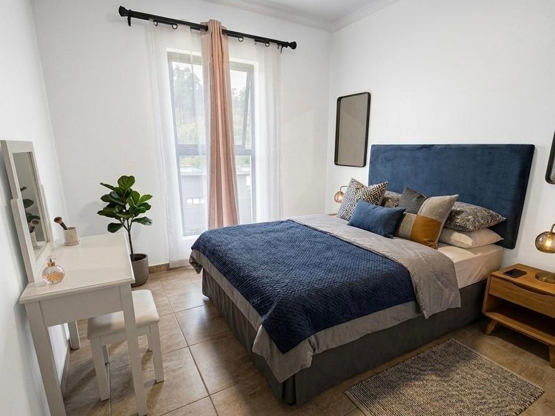 A well-maintained bedroom featuring tiled flooring and a large window with curtain rod, providing natural light and a clean, neutral aesthetic.