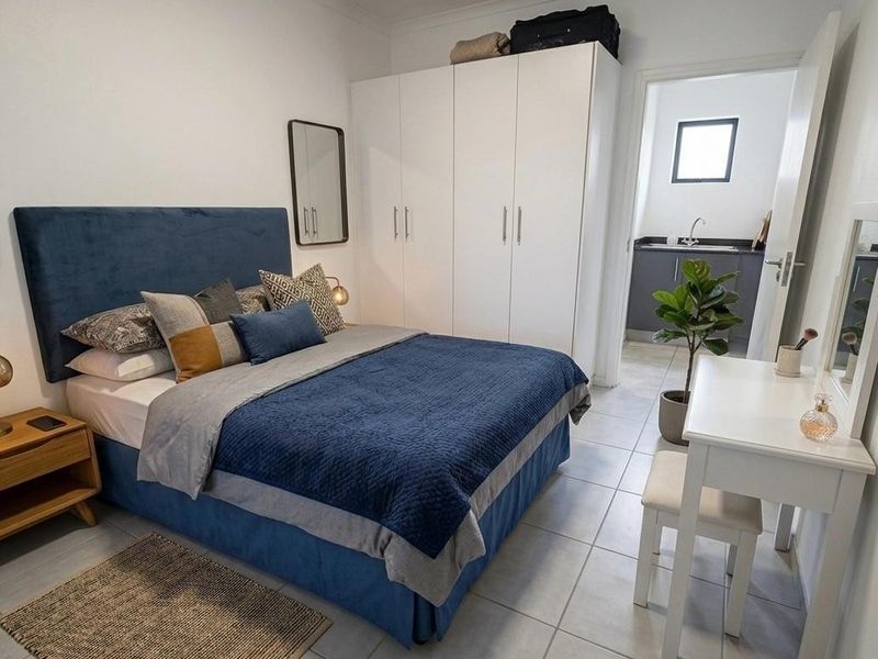 A well-maintained bedroom featuring neutral tiled flooring, built-in white cabinetry, and direct access to an adjoining utility or bathroom space.