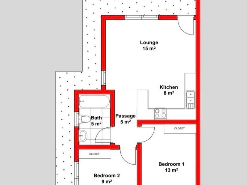 A detailed floor plan for a 62 square meter unit featuring two bedrooms, one bathroom, a lounge, and a kitchen.