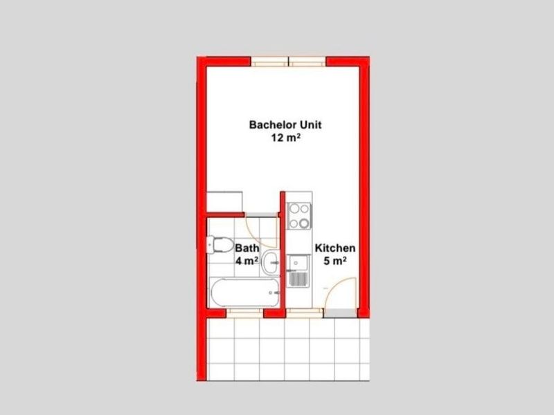 A floor plan for a 24 square meter studio apartment unit, featuring a bachelor living area, a bathroom, and a kitchen.