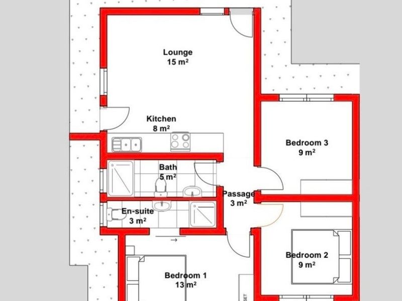 A detailed floor plan for a 75m2 unit featuring three bedrooms, two bathrooms, a kitchen, and a lounge area.