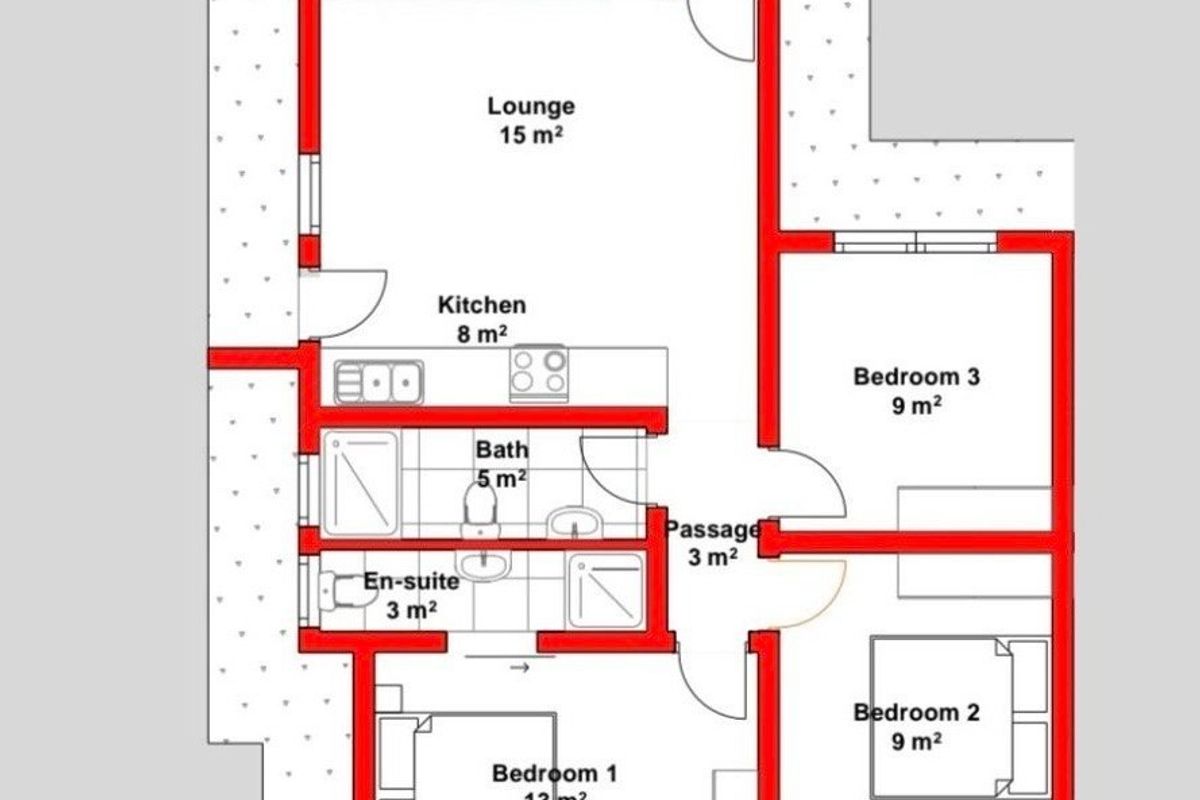 A detailed floor plan for a 75m2 unit featuring three bedrooms, two bathrooms, a kitchen, and a lounge area.