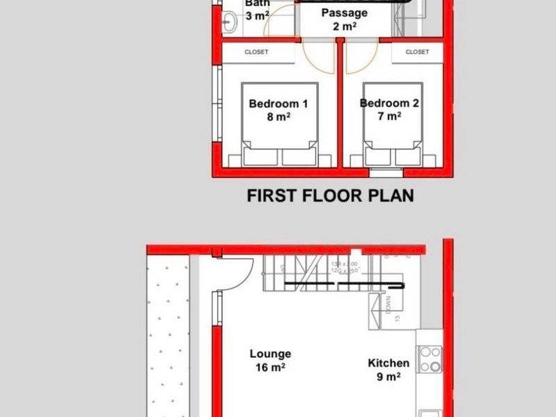A detailed floor plan for a 58m2 duplex unit featuring two bedrooms, one bathroom, a lounge, and a kitchen.