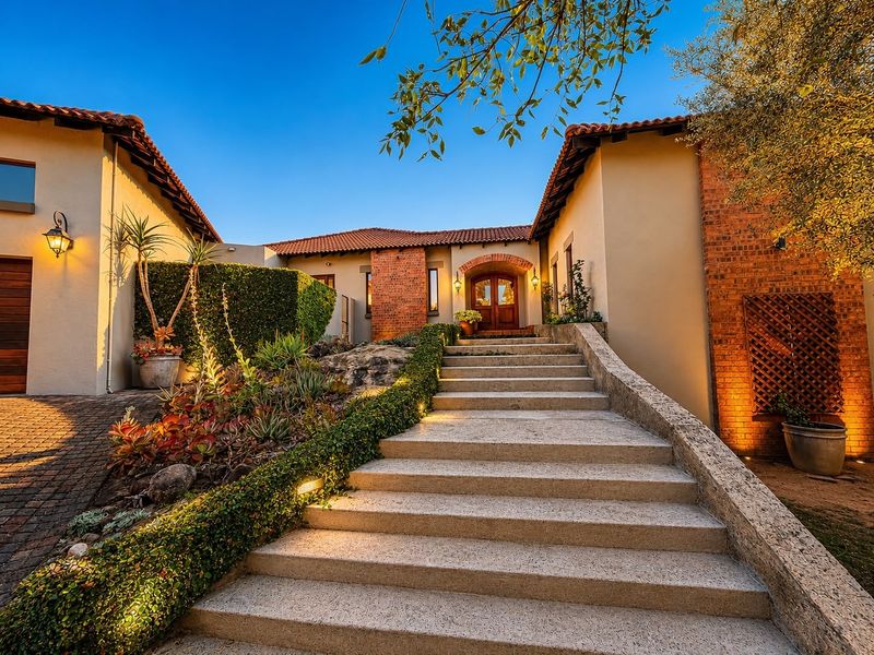 A grand front entrance featuring a wide stone staircase leading to a wooden double door, complemented by brick accents and landscaped terraced gardens.