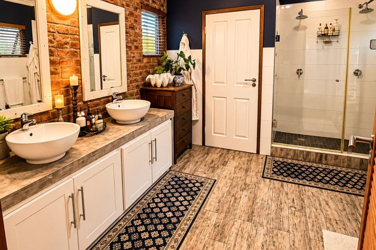 Modern bathroom featuring a double vanity with vessel sinks, an exposed brick feature wall, and a spacious walk-in shower with glass enclosure.
