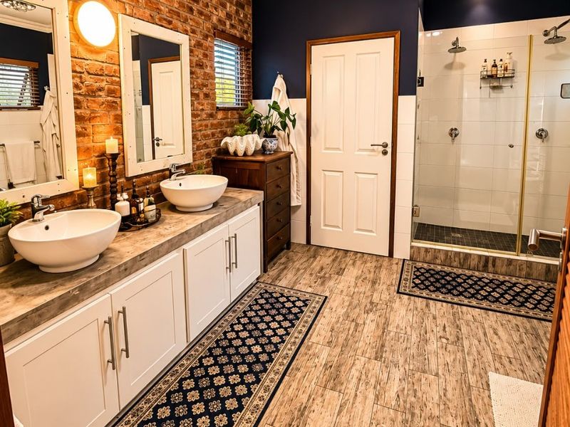 Modern bathroom featuring a double vanity with vessel sinks, an exposed brick feature wall, and a spacious walk-in shower with glass enclosure.