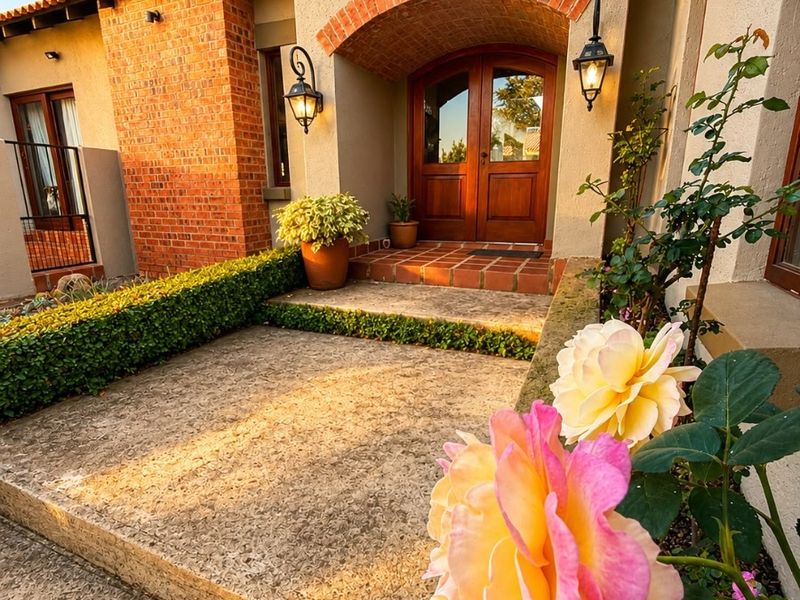 A charming front entrance featuring a brick archway, double wooden doors, and terracotta roof tiles, complemented by a well-maintained garden.