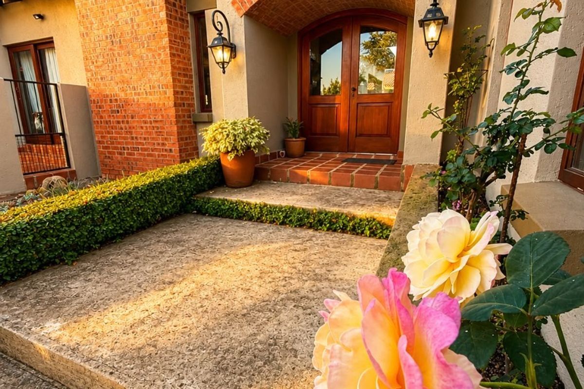 A charming front entrance featuring a brick archway, double wooden doors, and terracotta roof tiles, complemented by a well-maintained garden.