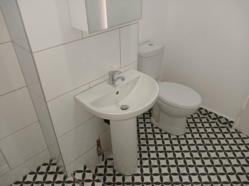 A clean, modern bathroom featuring a pedestal basin, toilet, and striking patterned floor tiles with white wall tiling.