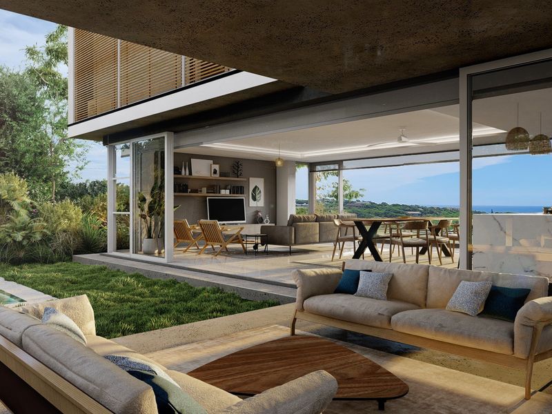 Modern open-plan living area seamlessly connecting to a covered patio and swimming pool, featuring large sliding glass doors and contemporary architectural finishes.