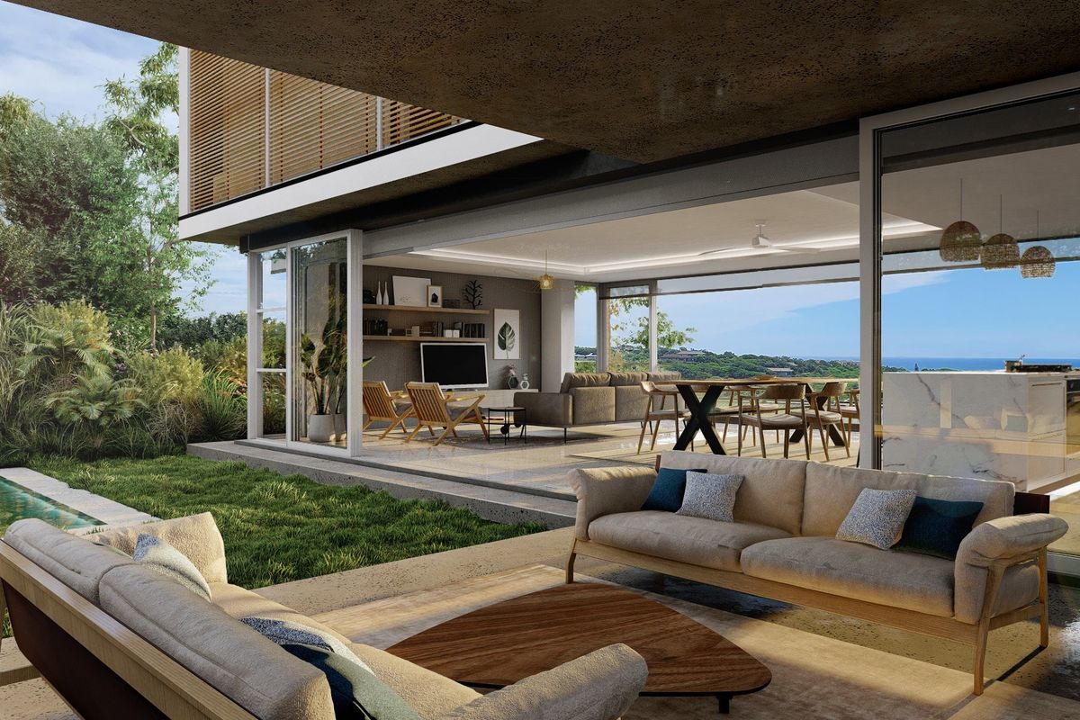 Modern open-plan living area seamlessly connecting to a covered patio and swimming pool, featuring large sliding glass doors and contemporary architectural finishes.