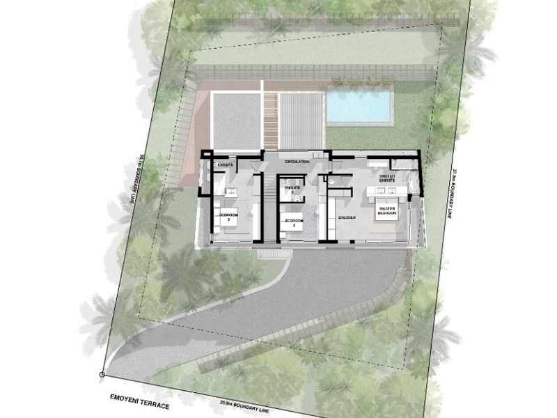 A detailed architectural first floor plan for Erf 1326, illustrating the layout of bedrooms, en-suite bathrooms, and outdoor pool area.