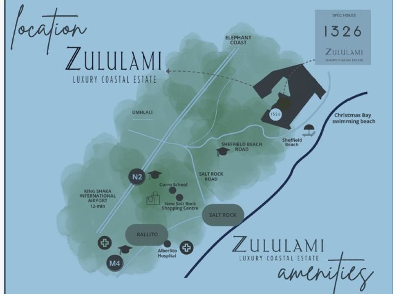 A location map highlighting the Zululami Luxury Coastal Estate and its proximity to local amenities, schools, and transport routes.