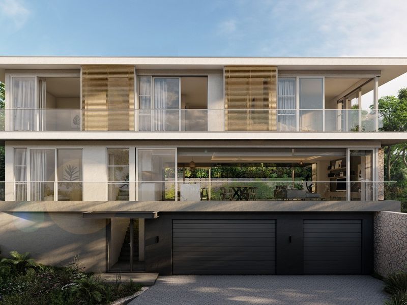 Modern two-story architectural residence featuring a double garage, expansive glass sliding doors, and timber louvre shutters set within a landscaped environment.