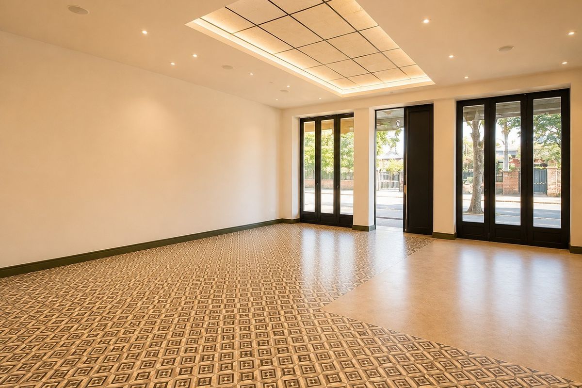 A bright, vacant commercial space featuring elegant patterned floor tiles, recessed ceiling lighting, and large glass doors providing ample natural light.