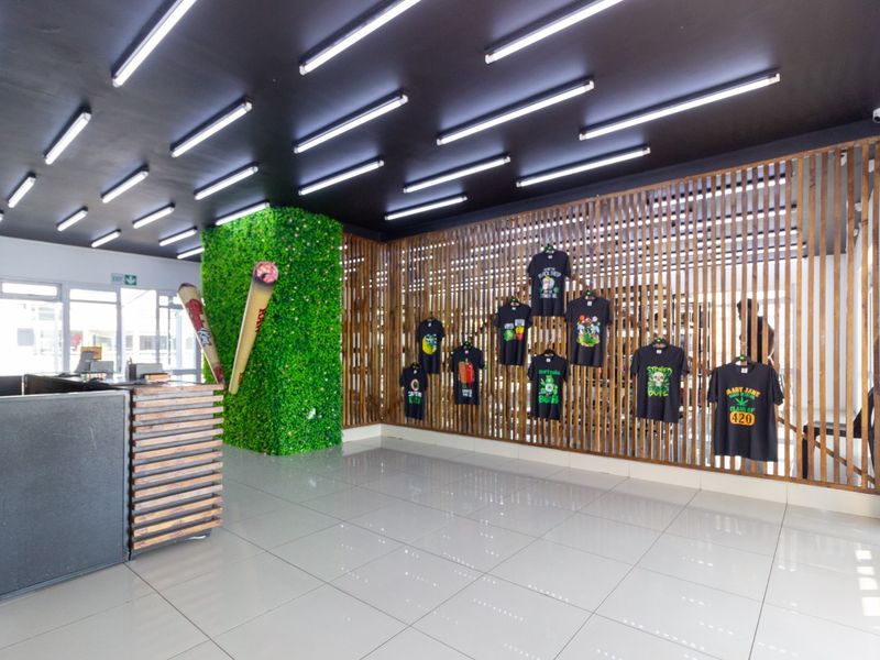 Modern commercial interior featuring a slatted timber wall, artificial green feature wall, high-gloss tiled flooring, and linear ceiling lighting.