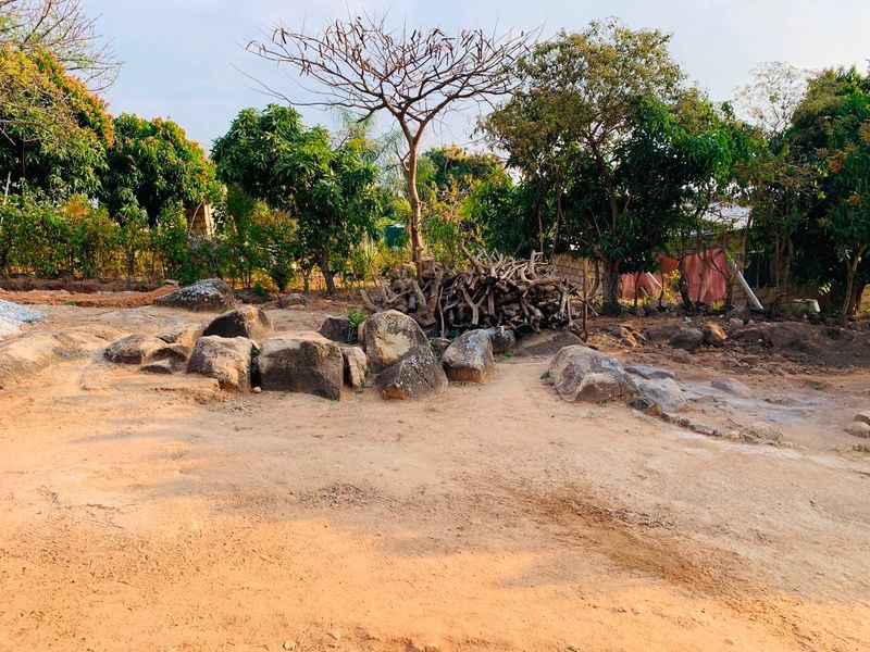 An unlandscaped outdoor garden area featuring natural rock formations and mature trees, requiring significant clearing and development.