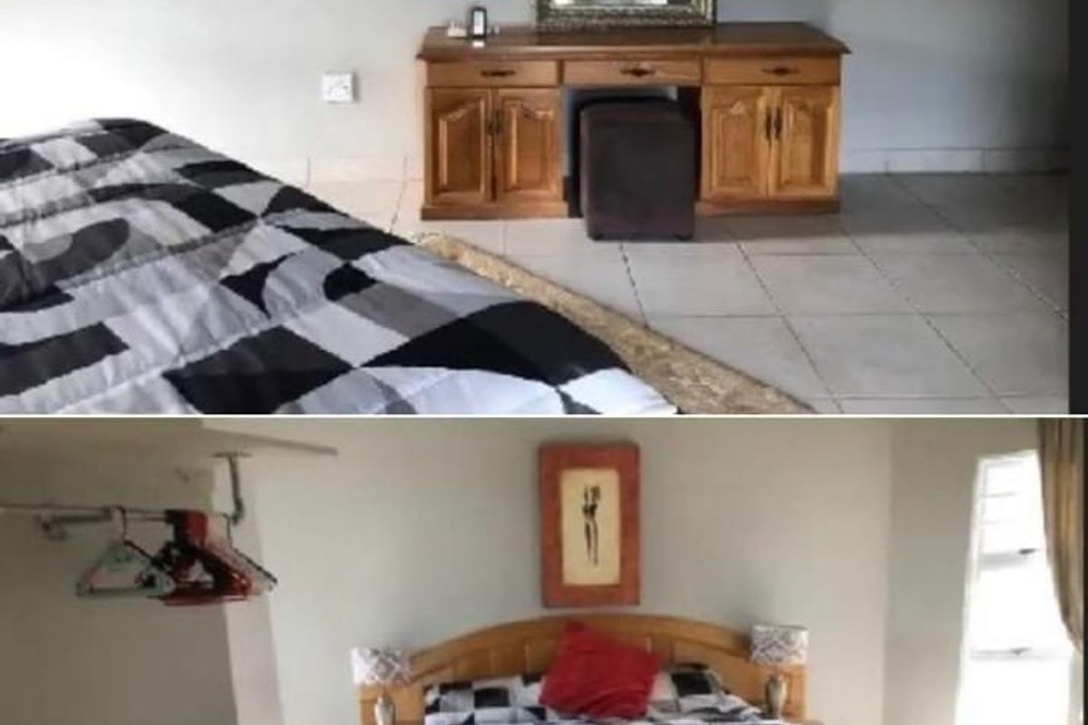 A bedroom featuring tiled flooring and a window, presented in a collage format.