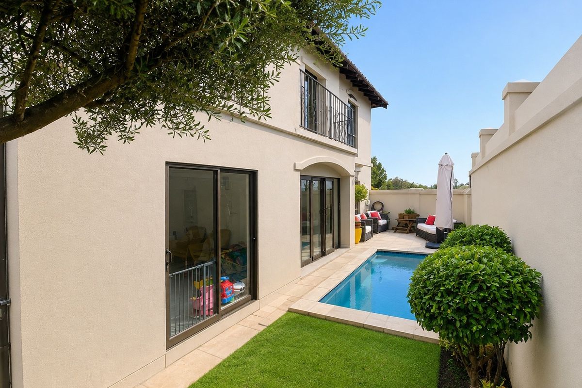 Rear exterior view featuring a swimming pool, paved surround, manicured lawn, and sliding glass doors leading into the home.