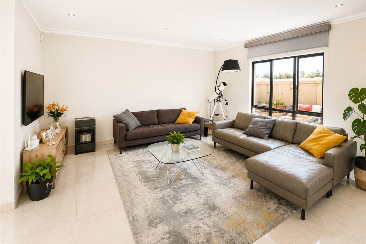 A bright and well-maintained living room featuring neutral tiled flooring, recessed downlighting, and large black-framed windows providing natural light.