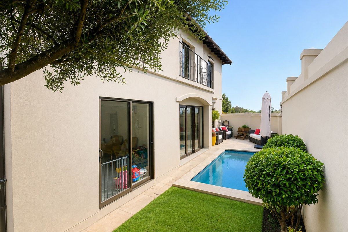 Rear exterior view featuring a swimming pool, manicured lawn, and sliding glass doors leading into the home, complemented by an upper-level balcony.