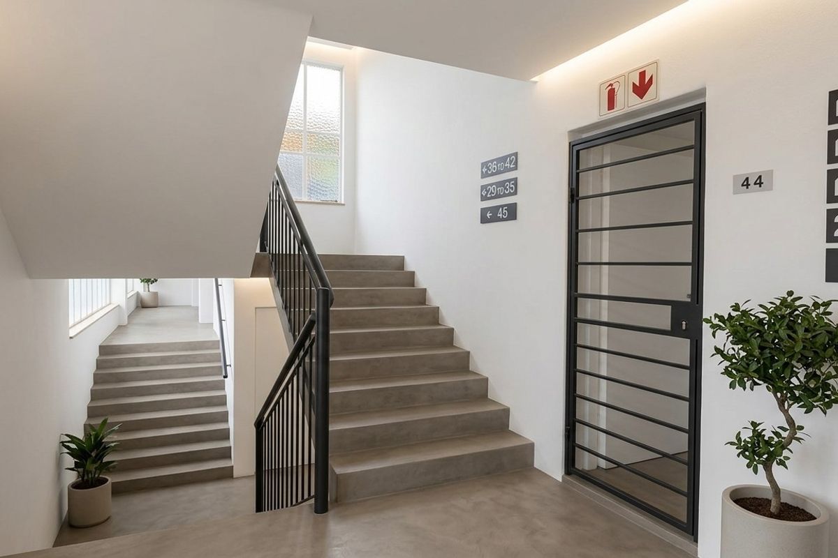 A clean, modern commercial stairwell featuring concrete-look stairs, metal security gate, and clear directional signage for office or unit access.