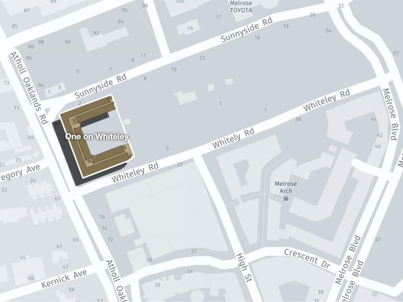 A map view showing the location of the One on Whiteley property in relation to surrounding streets and landmarks.