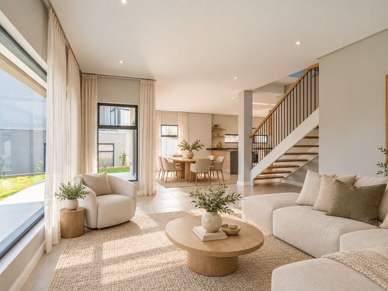 Spacious open-plan living and dining area featuring modern tiled floors, recessed lighting, and a contemporary staircase, seamlessly connected to the outdoor garden space.