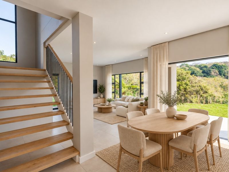 Spacious open-plan living and dining area featuring a modern timber staircase, large format tiling, and expansive sliding doors opening to a lush garden view.
