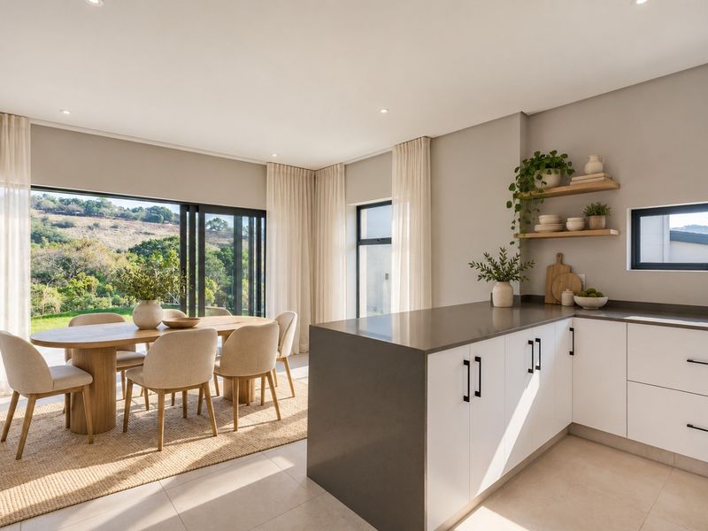 Modern open-plan kitchen and dining area featuring stone countertops, sleek cabinetry, and large sliding doors opening to a scenic landscape view.