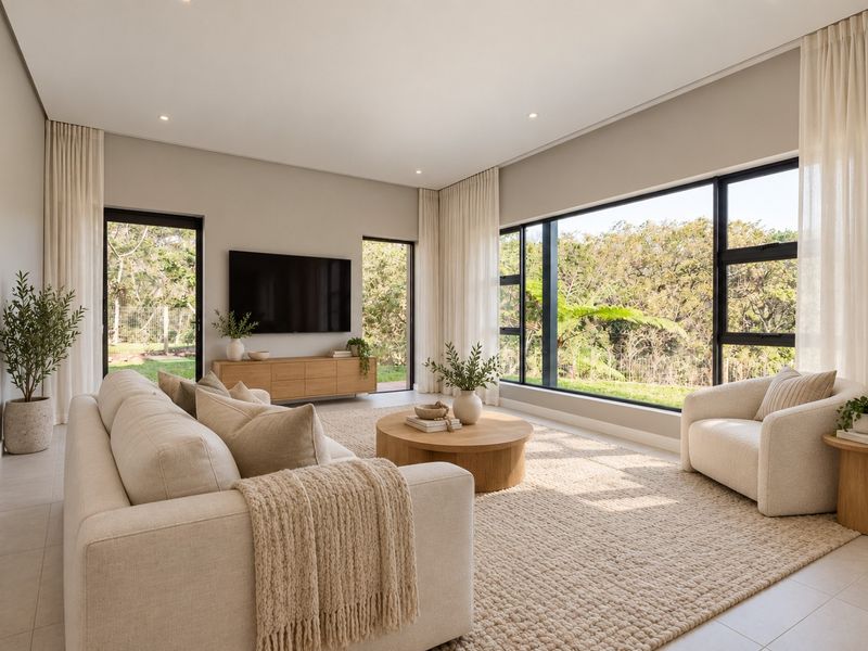 A bright and modern living room featuring large windows with garden views, neutral tiled flooring, and recessed lighting.