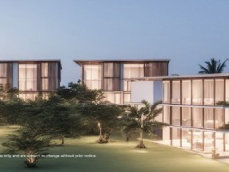 A digital architectural rendering of a modern multi-story residential development featuring expansive glass facades and landscaped outdoor areas.