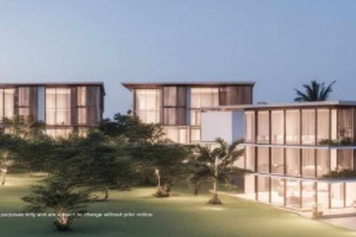 A digital architectural rendering of a modern multi-story residential development featuring expansive glass facades and landscaped outdoor areas.